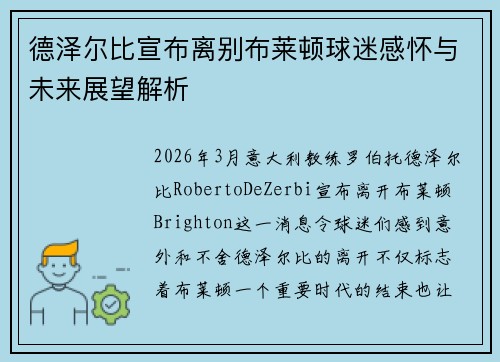 德泽尔比宣布离别布莱顿球迷感怀与未来展望解析