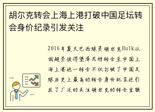 胡尔克转会上海上港打破中国足坛转会身价纪录引发关注
